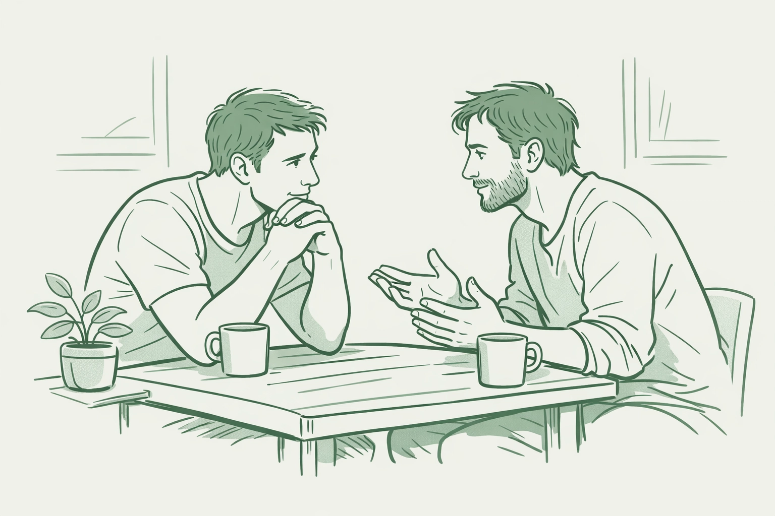 An MM couple engaging in heart-to-heart dialogue, showing empathy and queer allyship.