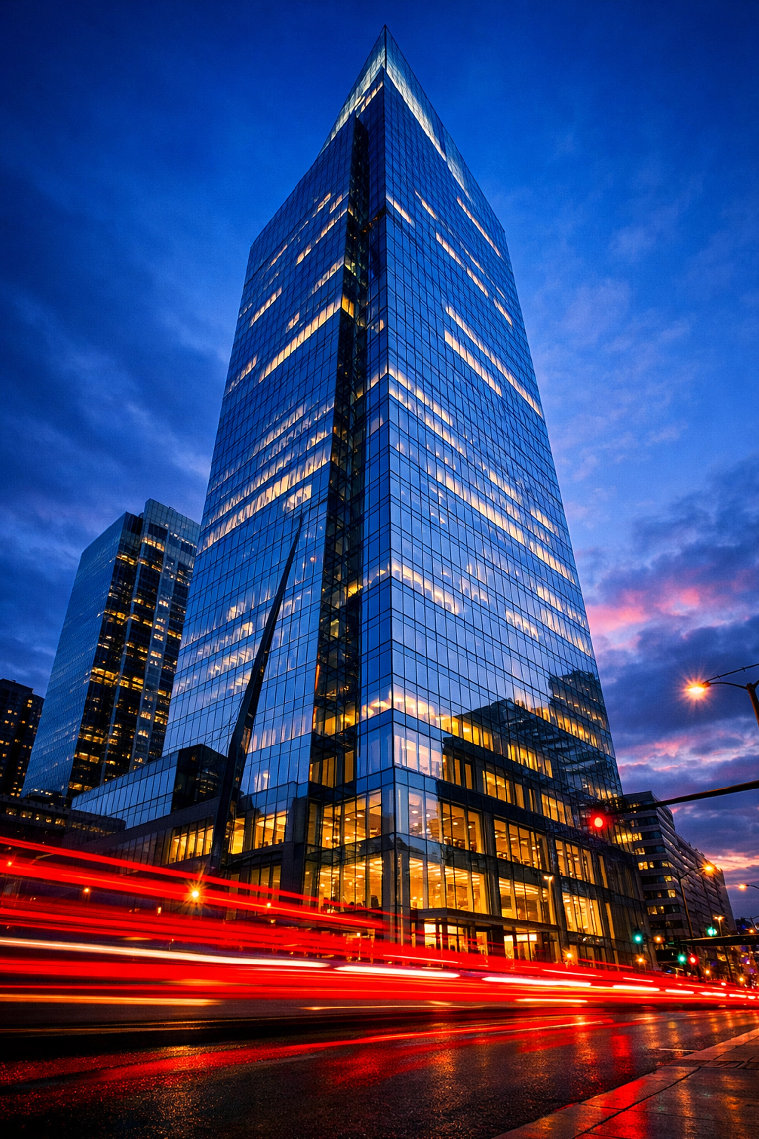 A glowing downtown Edmonton skyscraper at dusk, reflecting the city’s corporate headquarters and economic recovery.