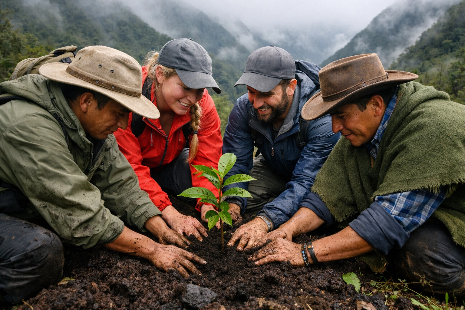 Authentic Colombian guides and travelers planting a native tree seedling in rich Andean soil
