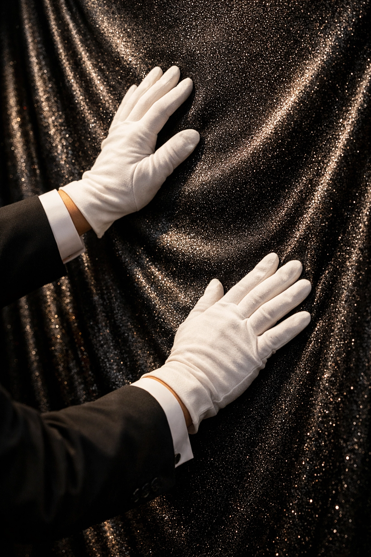 Expert white-glove setup of a wrinkle-free shimmery black photo booth backdrop for a wedding.