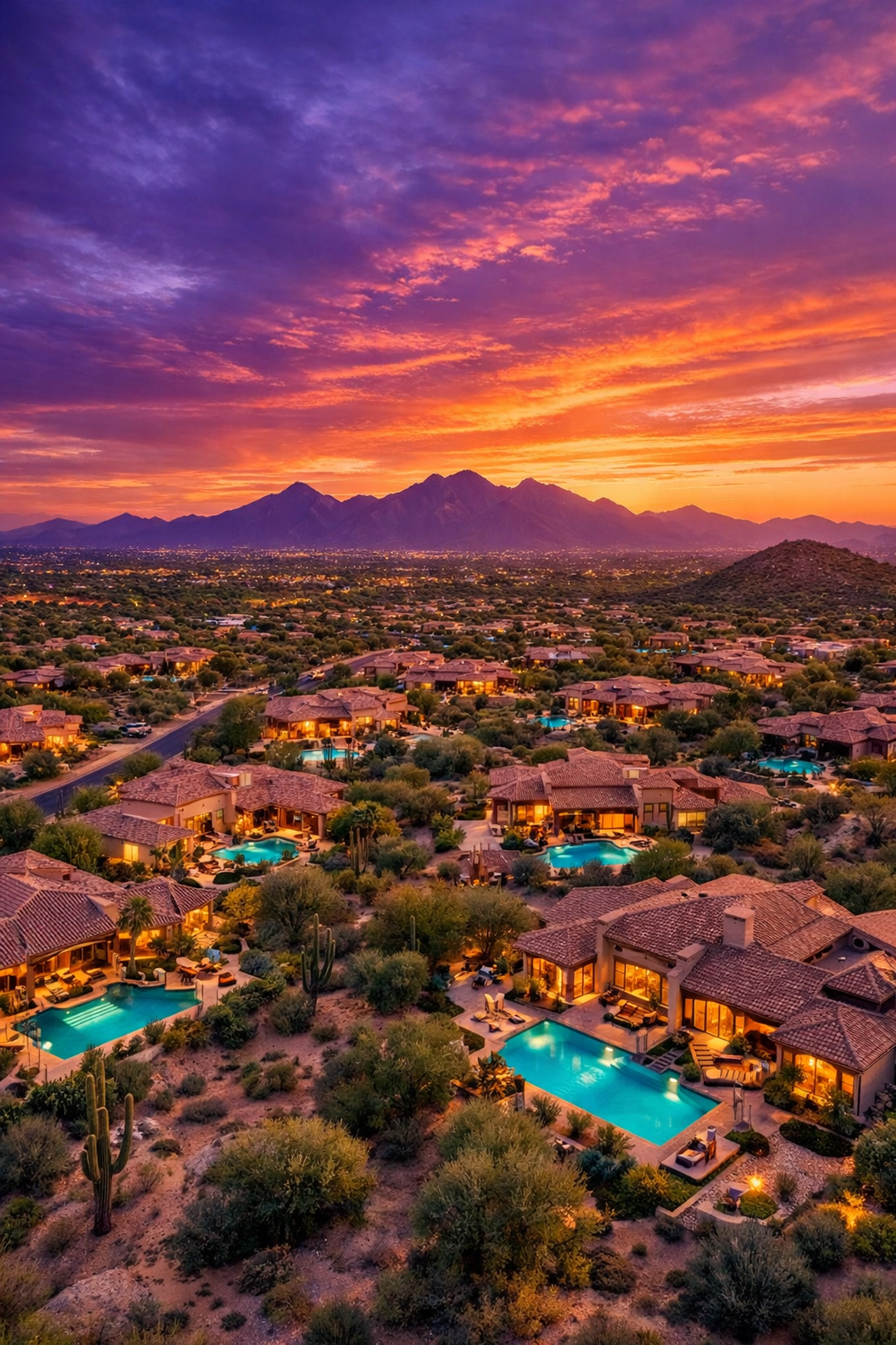 Aerial view of luxury Scottsdale real estate and investment properties during golden hour.