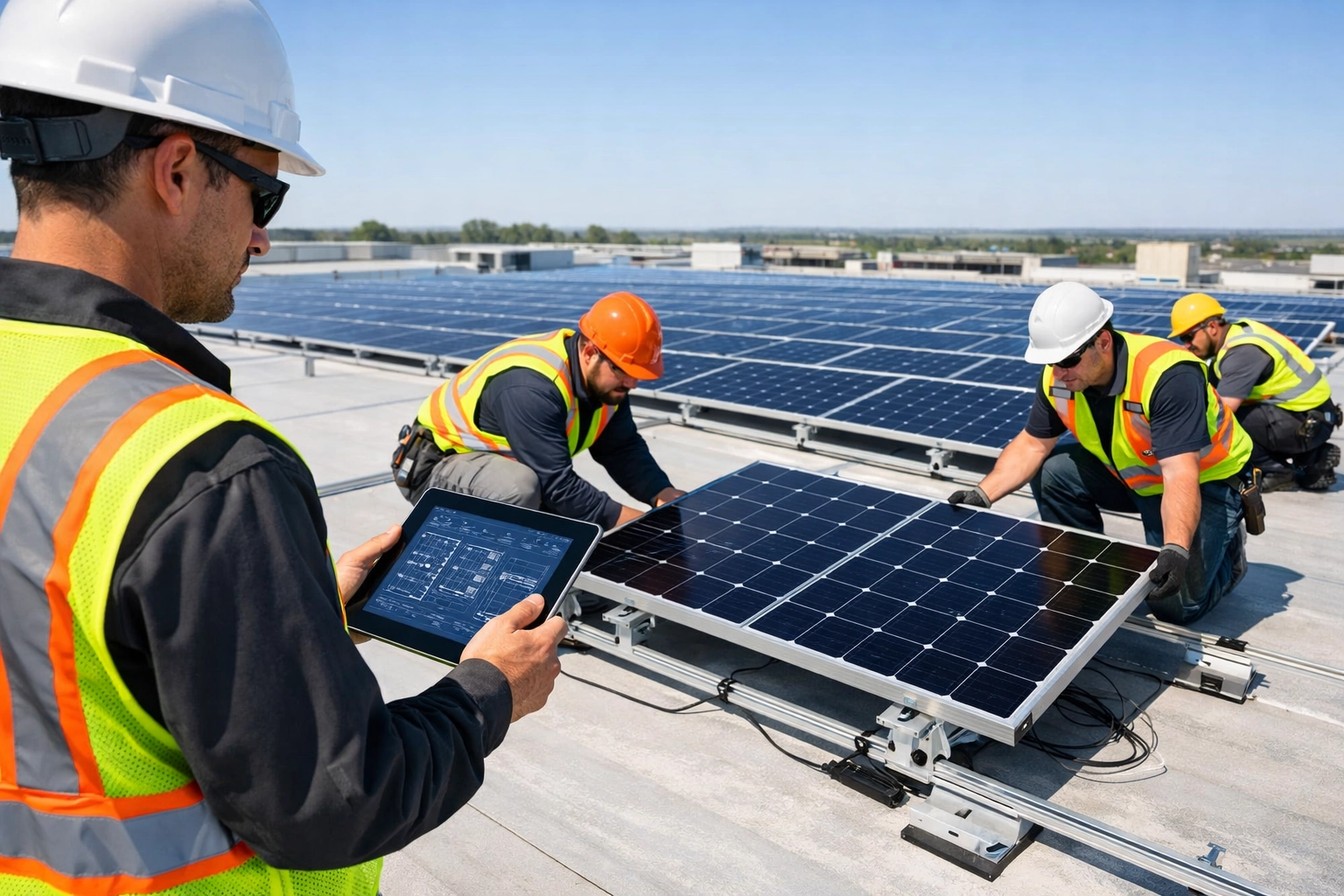 Professional solar installation team fitting high-quality solar modules on a commercial roof.