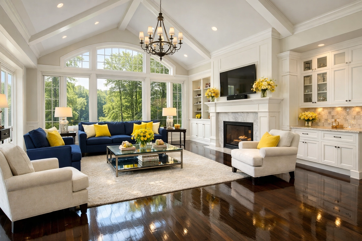 Professional house cleaning Dunstable MA ensures a spotless, sun-drenched living room with polished floors.