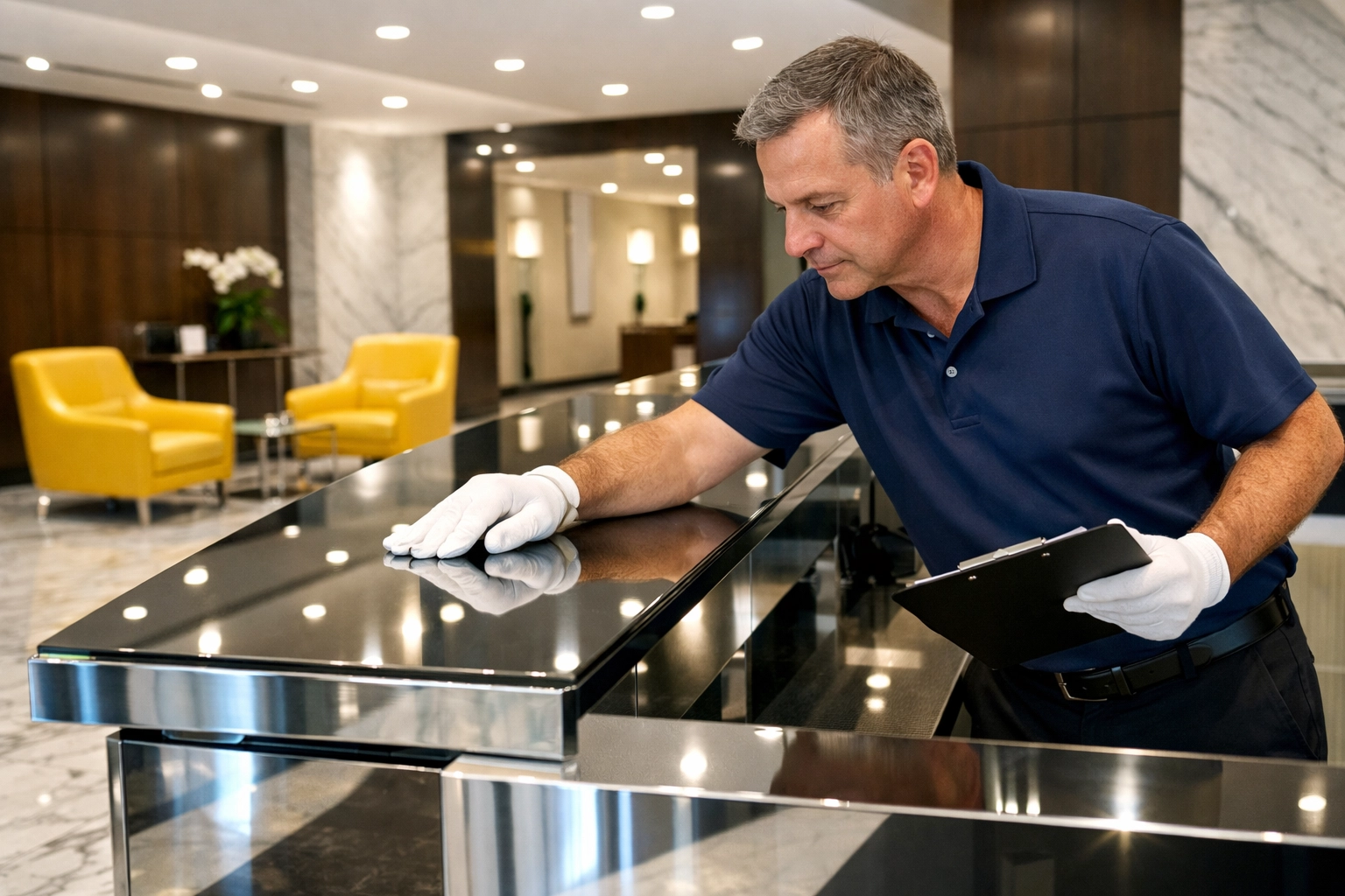 Supervisor inspecting a polished reception desk to ensure high-quality commercial cleaning in Milford.