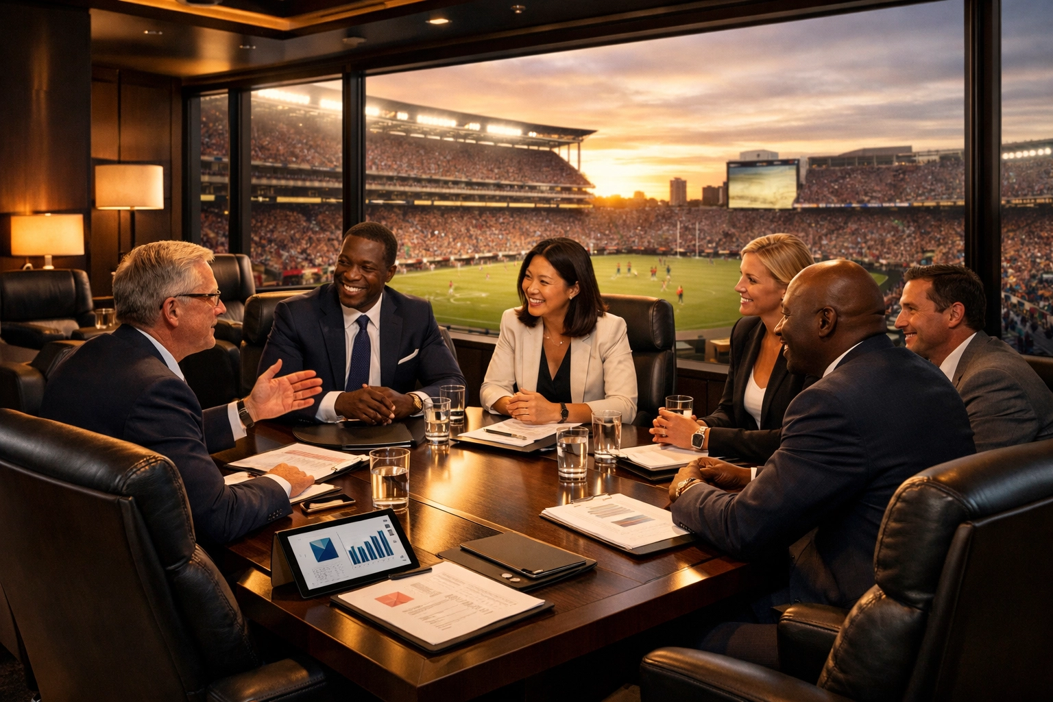 Executive business meeting in Super Bowl VIP lounge overlooking stadium during golden hour