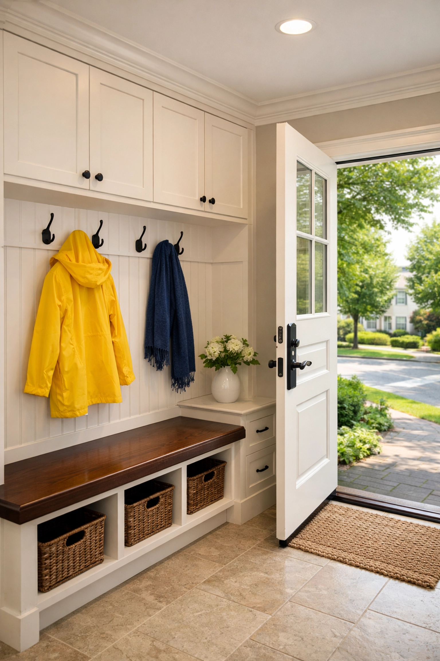 Spotless and organized mudroom entryway in a Leominster MA home after residential cleaning.