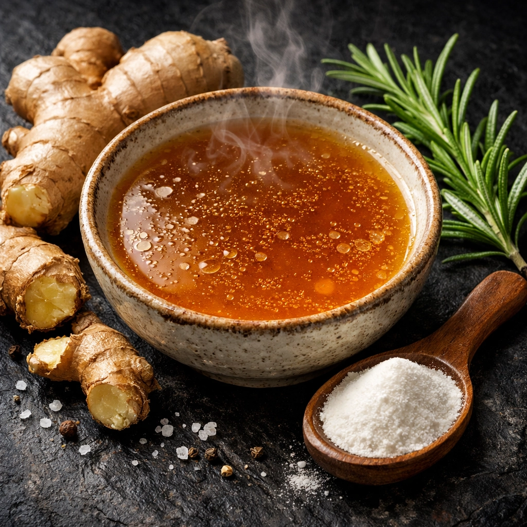 Healing ingredients for leaky gut including bone broth, collagen powder, and anti-inflammatory herbs.