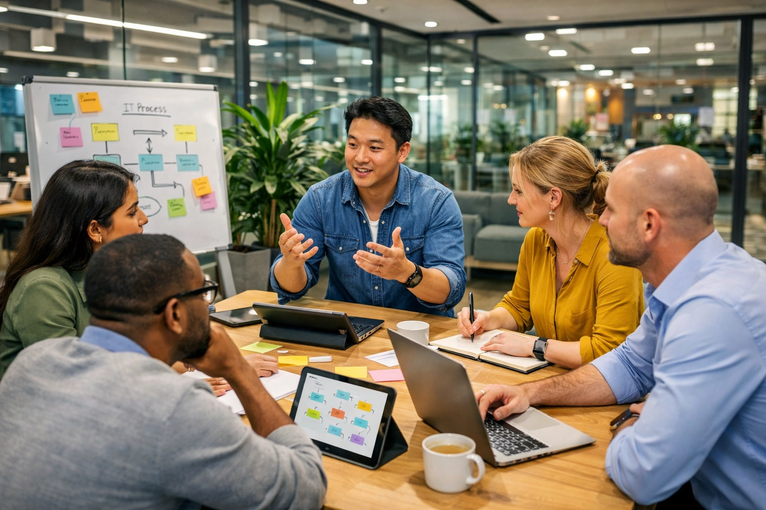 Collaborative stakeholder workshop discussing ServiceNow consulting services for better workflow adoption.