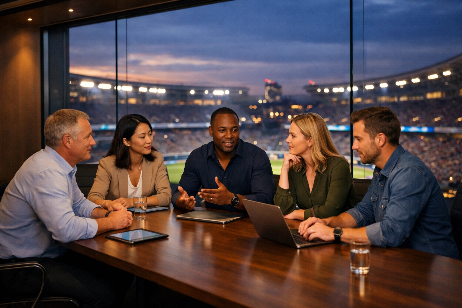Strategic team meeting in a boardroom overlooking a sports stadium to coordinate Dakdan Worldwide event logistics.