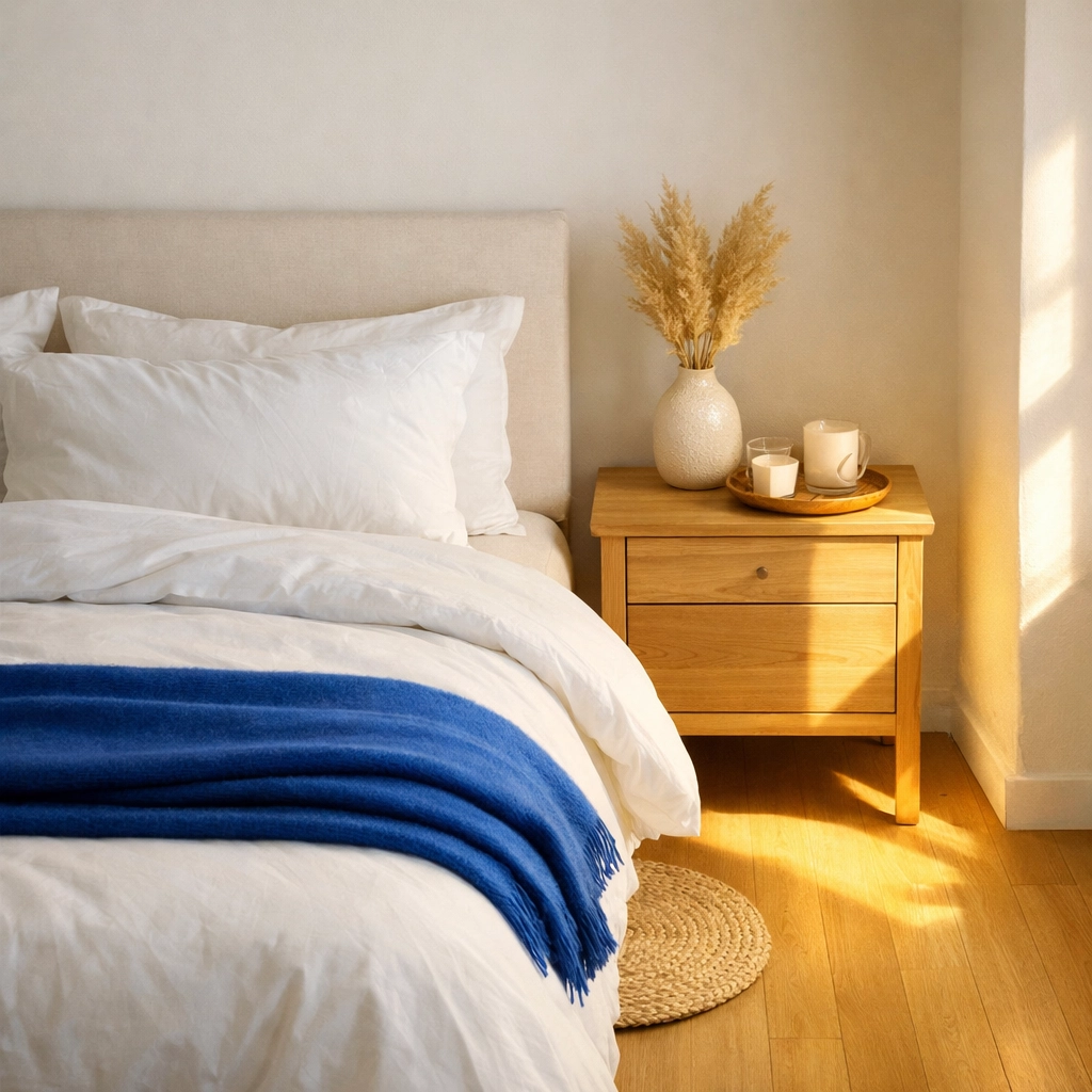 Dust-free minimalist bedroom in Harvard, MA with clean linens and sunlit, polished furniture.