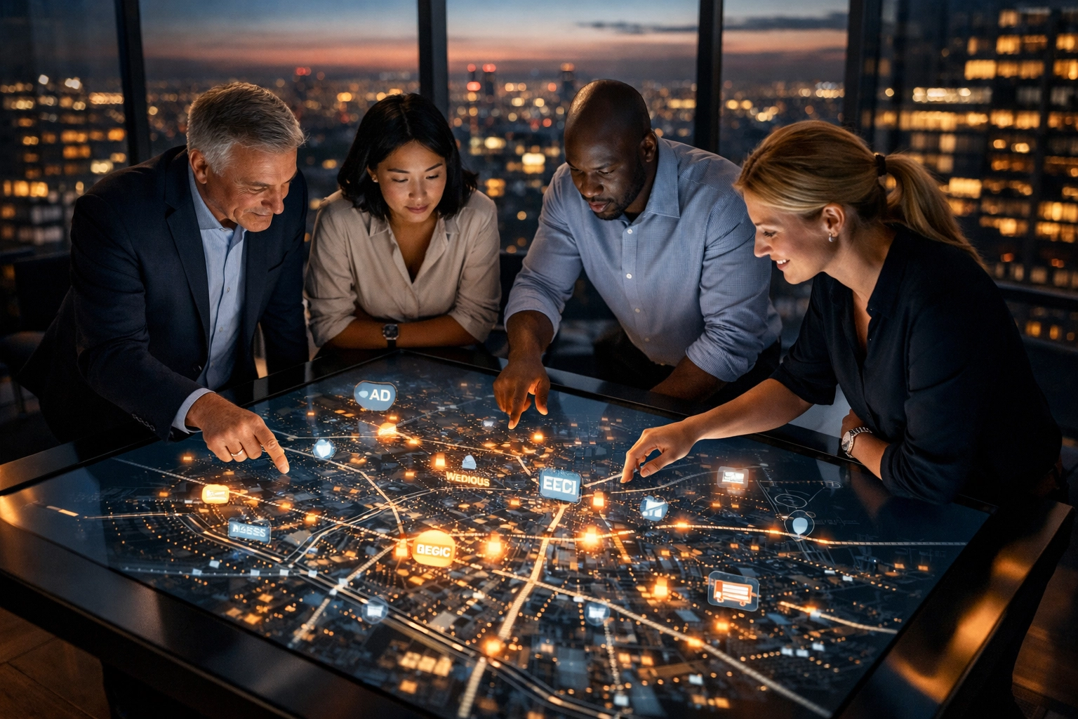 Corporate professionals planning a multi-sector brand partnership strategy through digital media innovation.