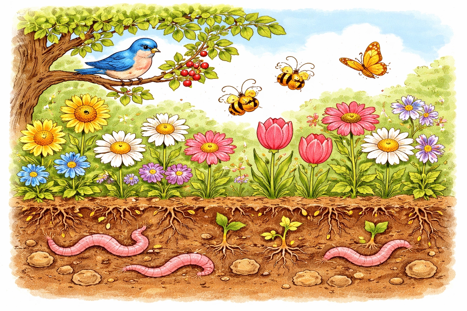 A backyard ecosystem with bees, butterflies, earthworms, and birds supporting pollinator and garden health.