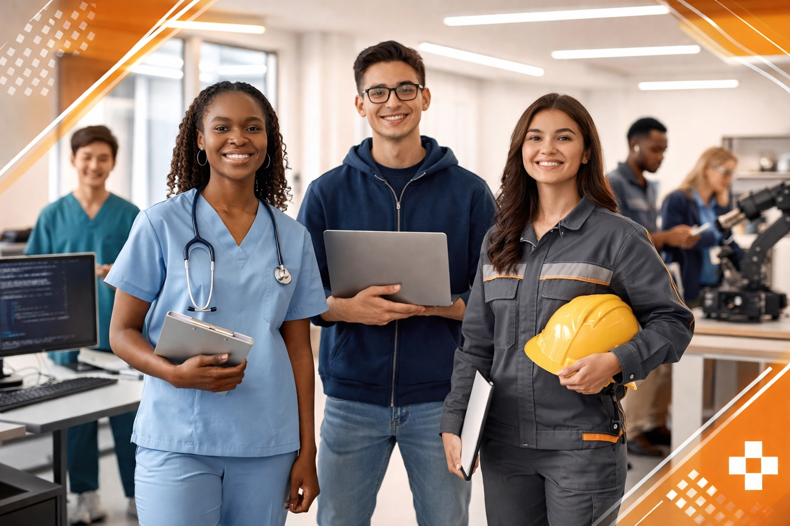 Diverse apprentices working in a modern training facility, highlighting workforce development pathways.