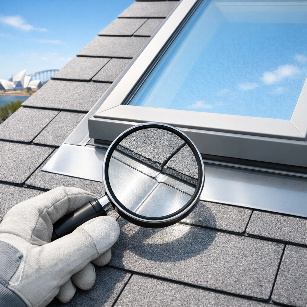 Professional roofing inspection in Sydney checking the flashing seal around a modern skylight for leaks.