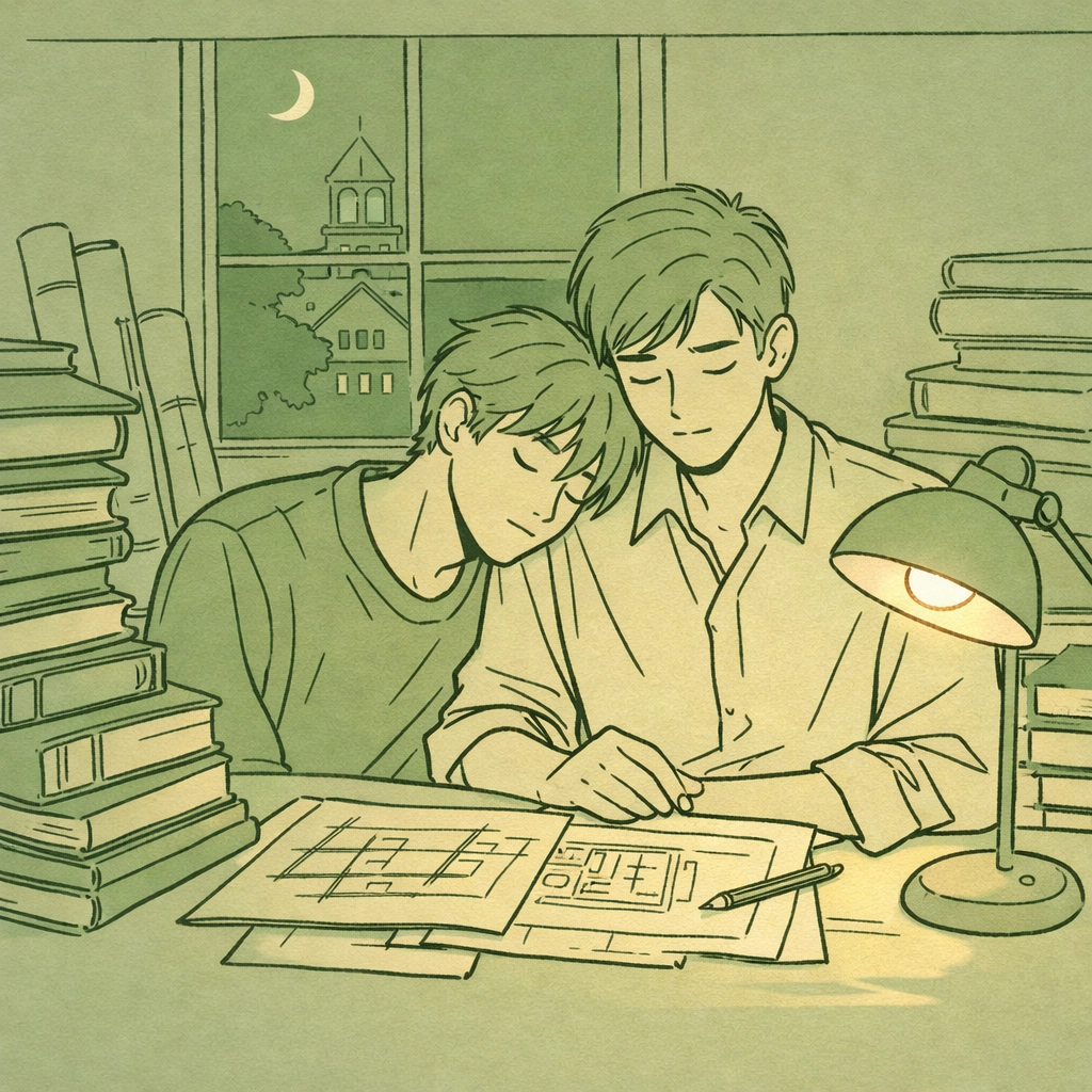 Two men studying together in Cambridge library - MM royal romance between prince and commoner begins