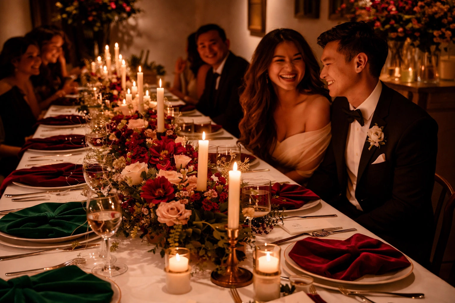 Curated wedding reception table with jewel-toned decor and diverse guests, celebrating personalized wedding details
