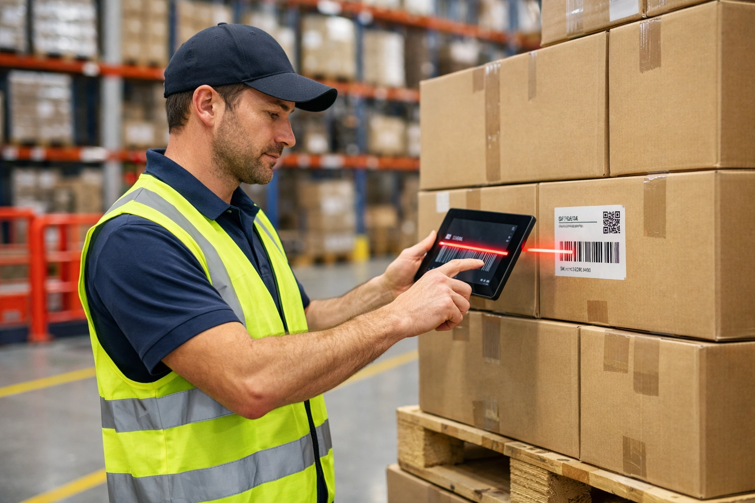 Professional warehouse staff using digital inventory management system