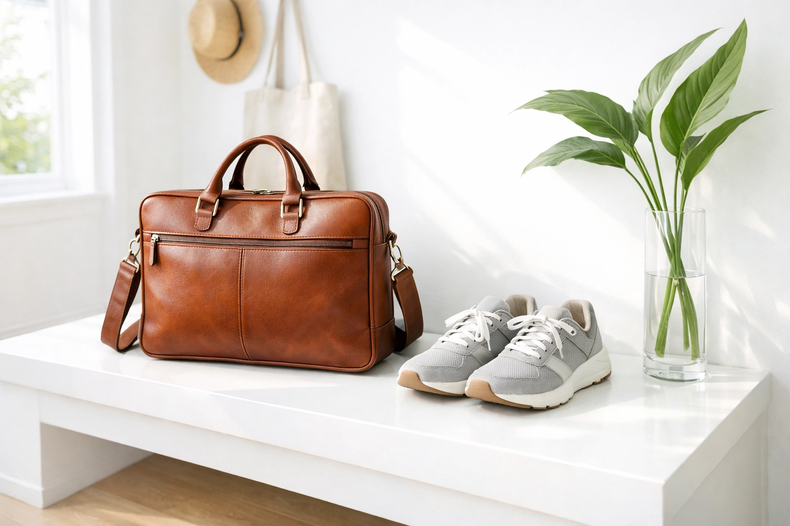 A laptop bag and walking shoes on a bench, symbolizing the choice between online and in-person mental health care.