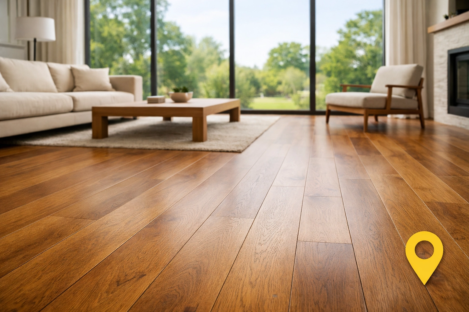 Modern living room with wide-plank flooring after professional hardwood floor refinishing and repair in Chicago.