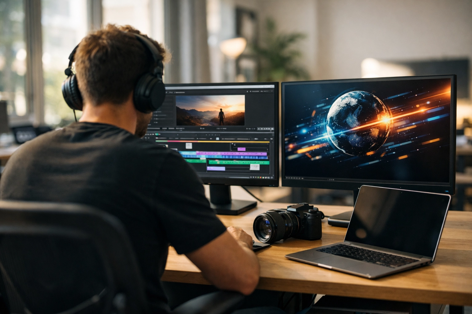 Professional media creator producing high-quality brand assets in a modern video editing studio.