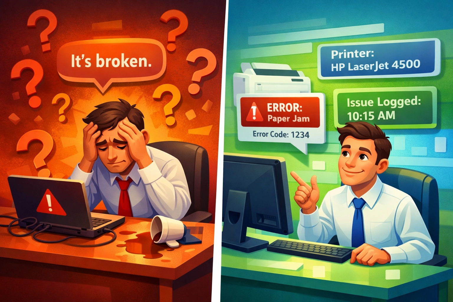 Comparison of vague IT support ticket vs detailed ticket showing faster resolution for Phoenix businesses