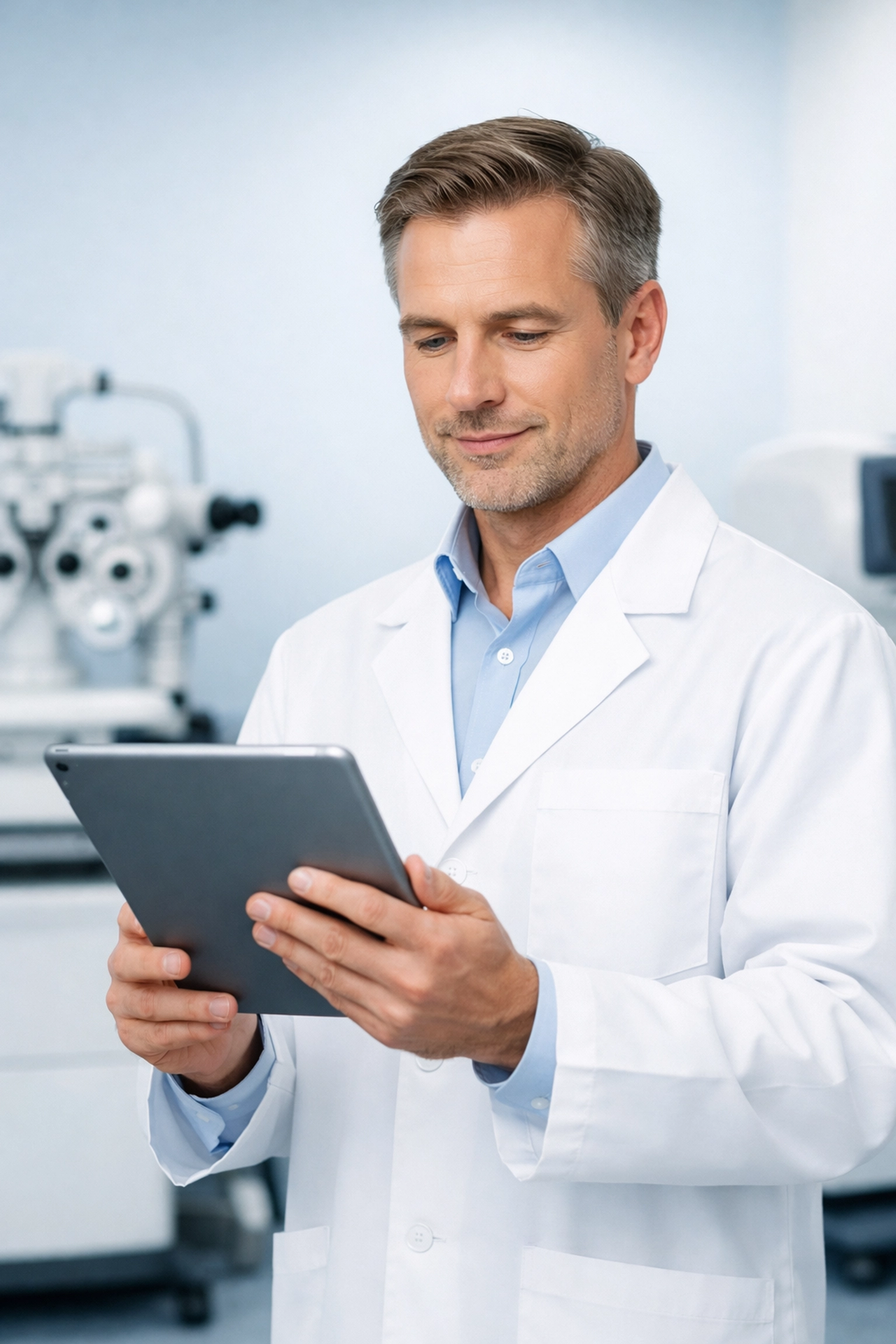 An eye doctor using digital technology for optometry revenue cycle management in a modern clinical office.