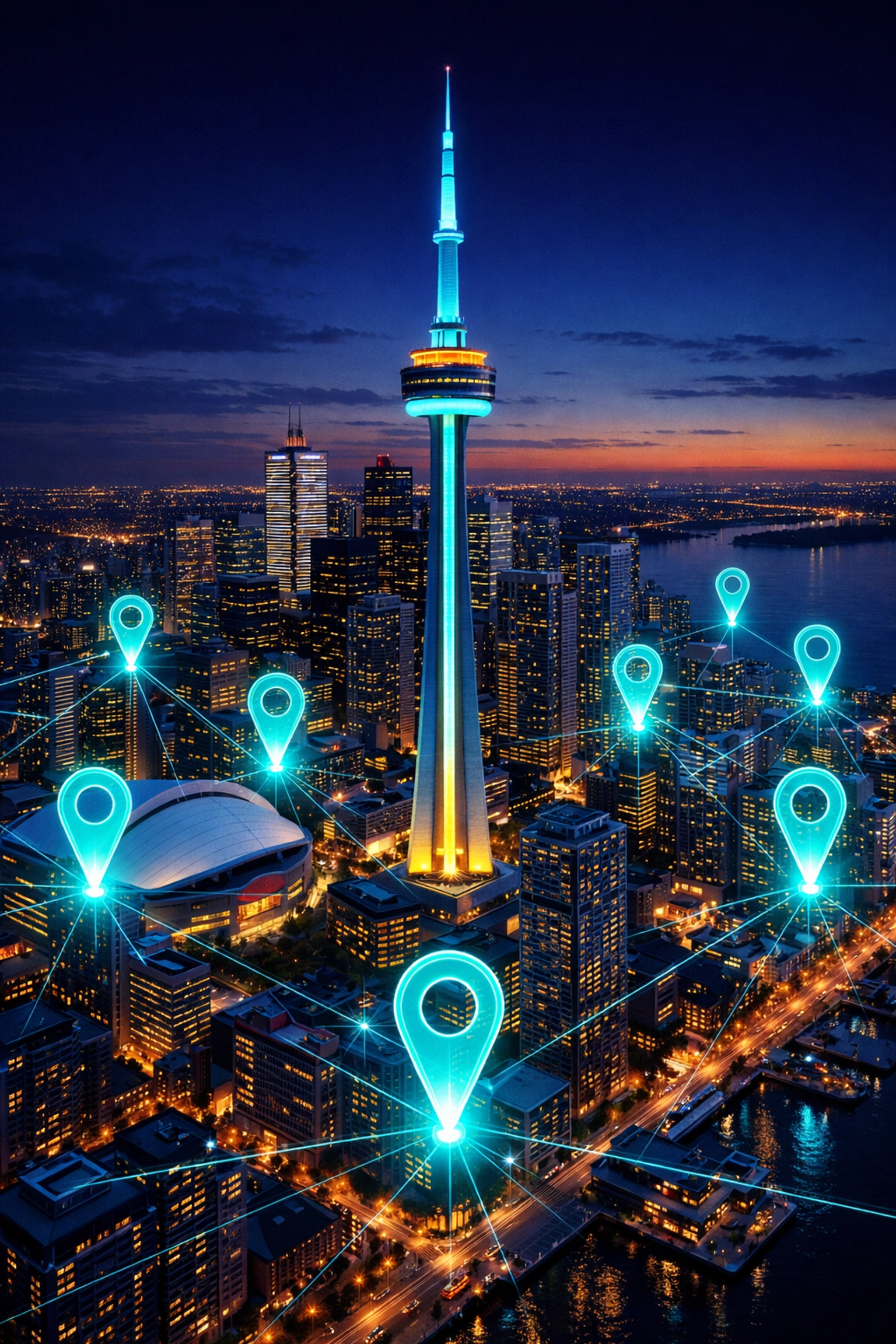 A digital map of Toronto with pins highlighting Local SEO optimization for small businesses.