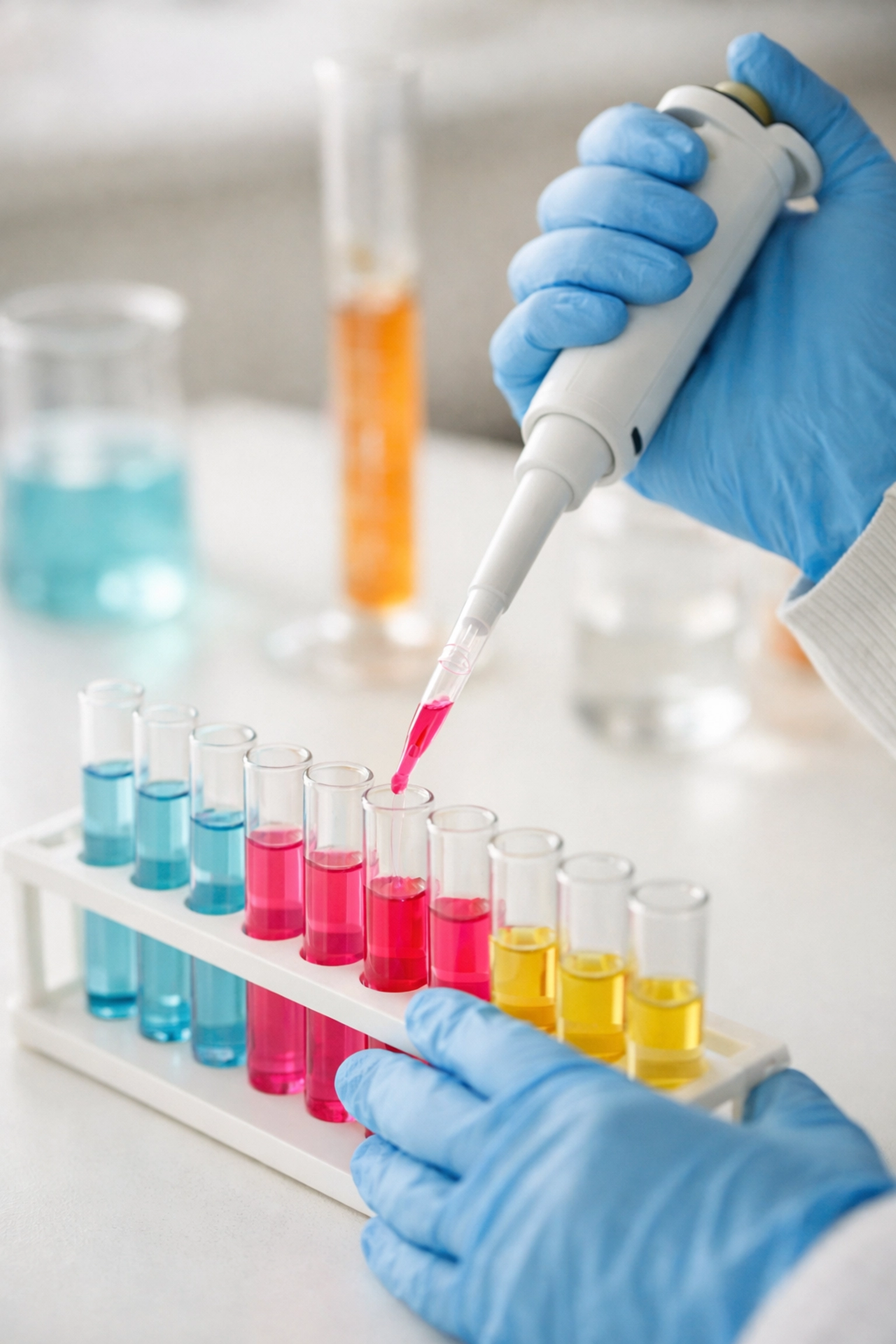 Student pipetting chemical solution during A-Level Chemistry practical work