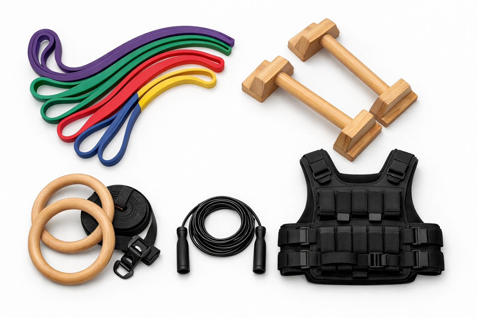 Essential home gym equipment including resistance bands, parallettes, and gymnastic rings