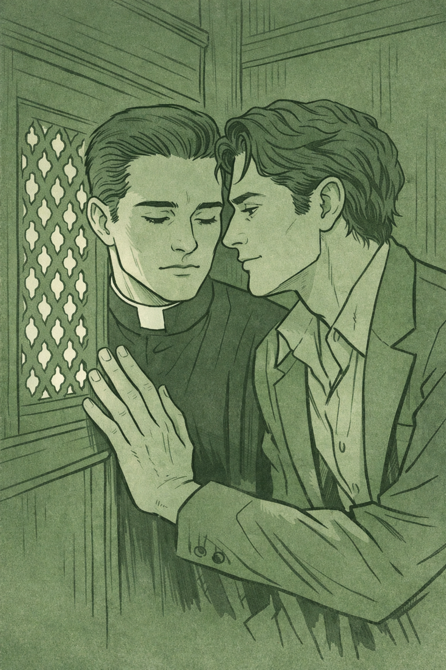 Priest and jazz musician share intimate moment in 1960s Soho confessional - gay romance illustration