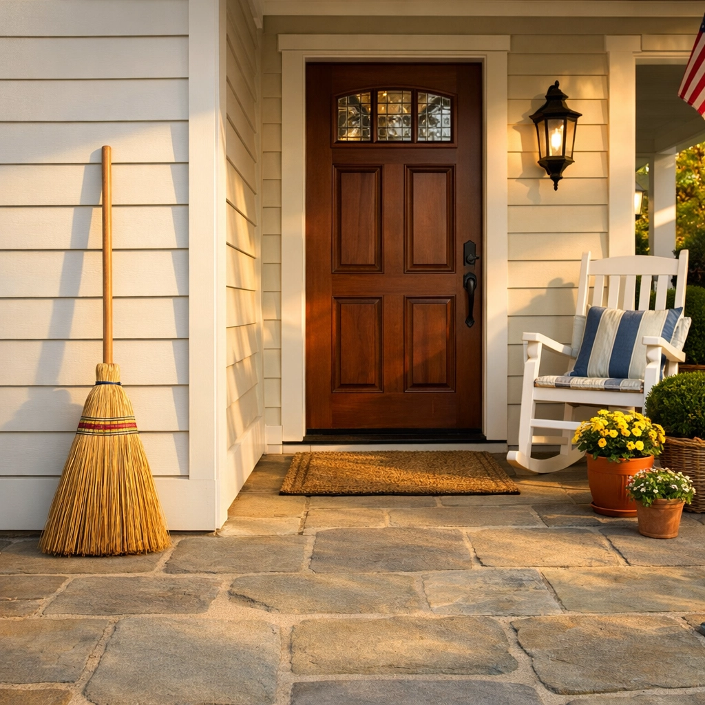 A clear stone walkway and broom on a clean front porch to prevent tripping hazards.