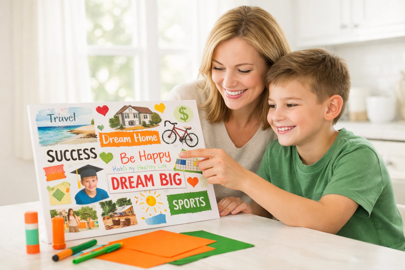 Mother and son creating vision board together at kitchen table for goal-setting activity