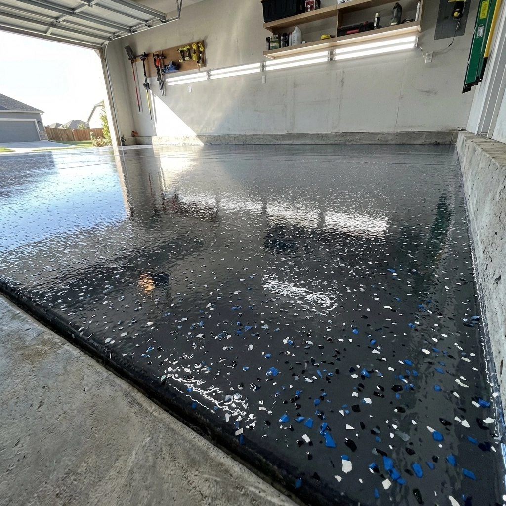 Epoxy garage floor coating with decorative flakes and a glossy finish in a residential garage