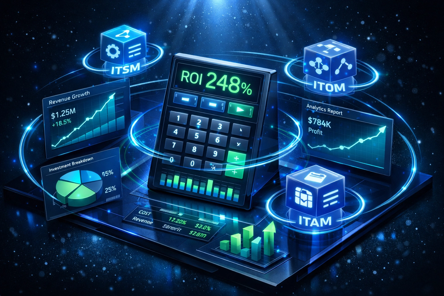 ServiceNow ROI calculator dashboard showing ITSM, ITOM, and ITAM modules with real-time metrics