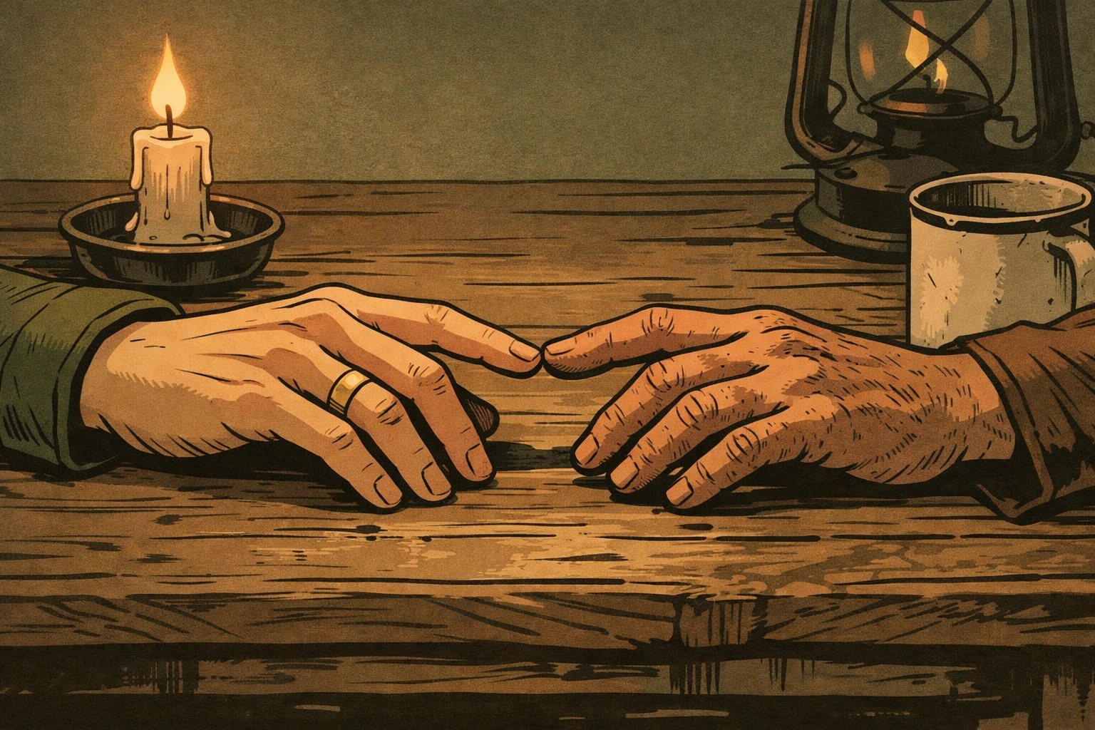 Close-up of two men's hands nearly touching, one wearing wedding ring symbolizing forbidden MM love