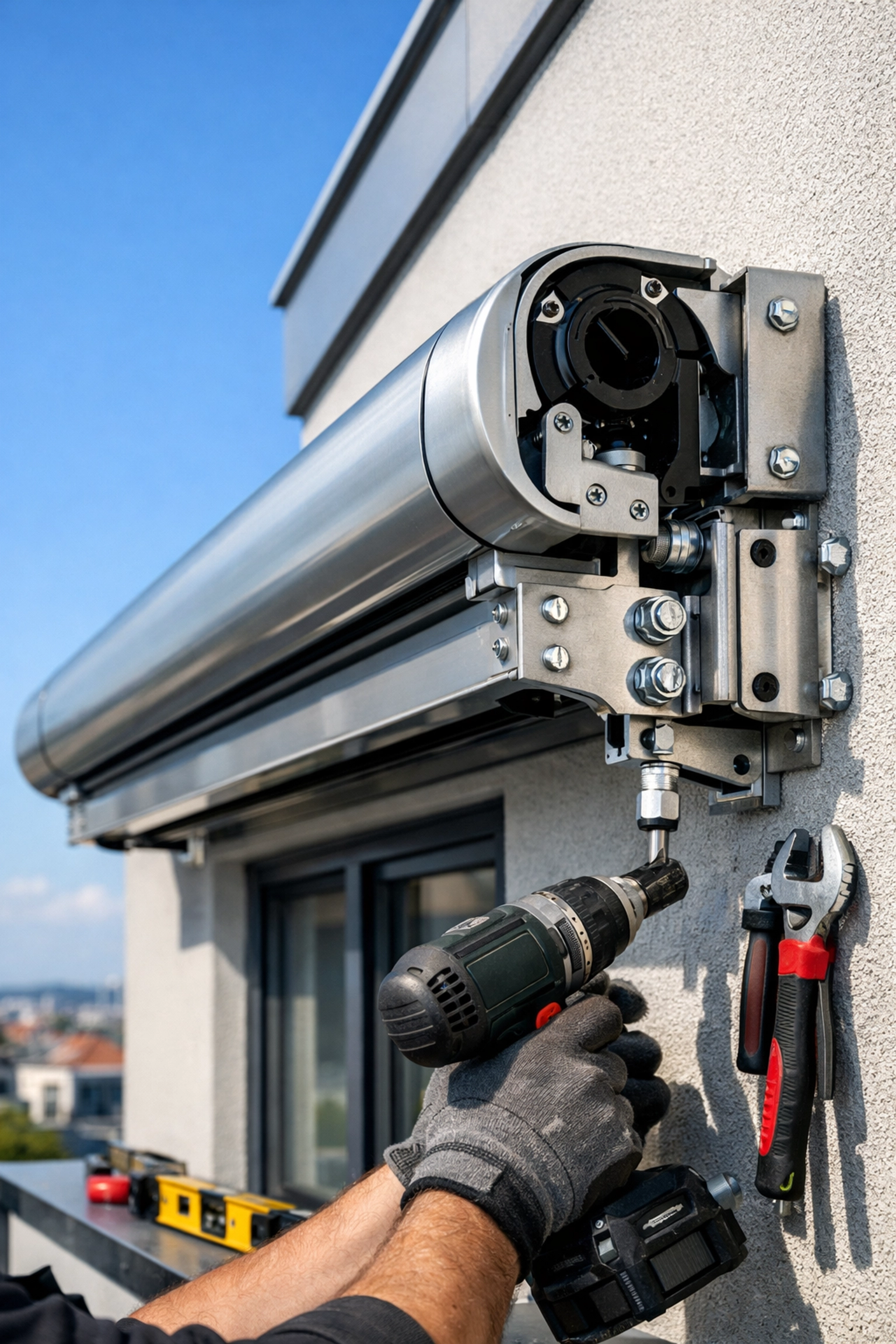 Professionelle Montage einer Kassettenmarkise an Wiener Gebäudefassade