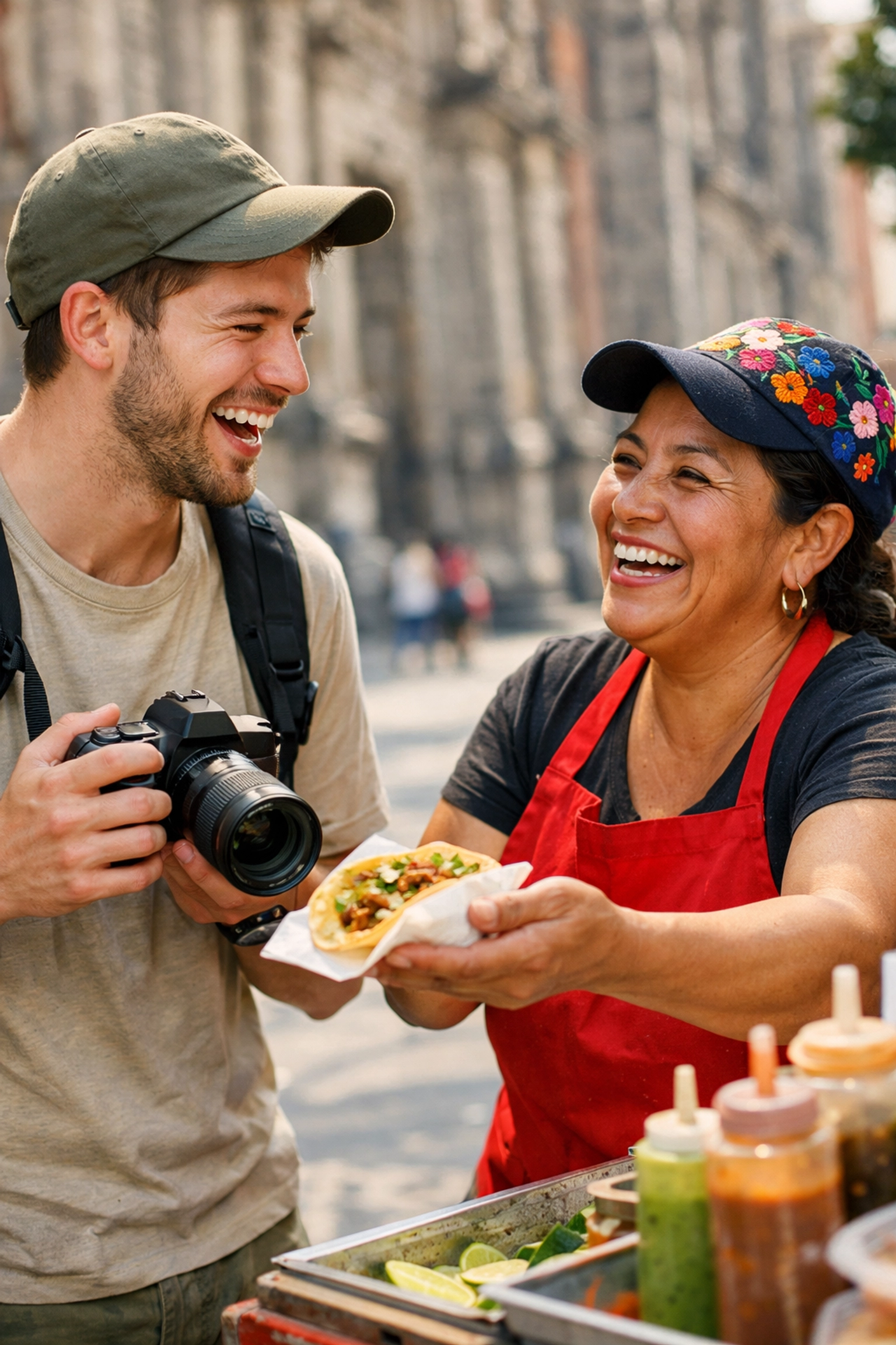 Traveler photographing a taco handoff in Mexico City Historic Center, budget travel food moment