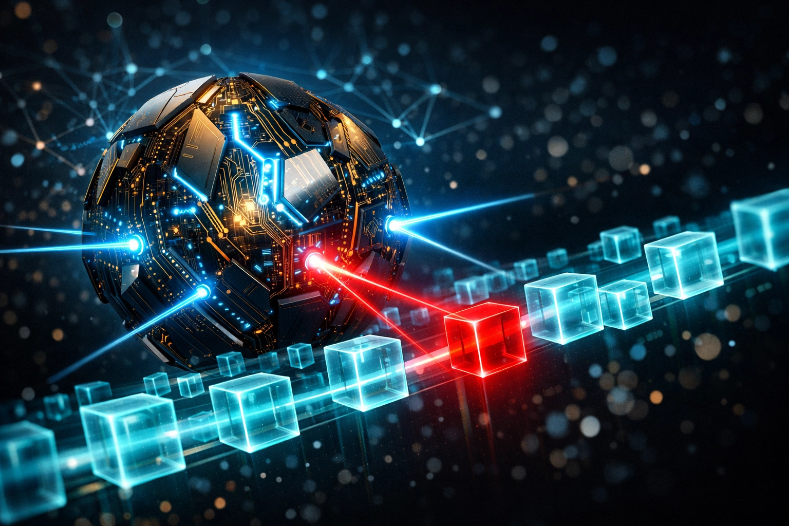 AI fraud detection system scanning blockchain transactions to identify and flag malicious activity in real-time.