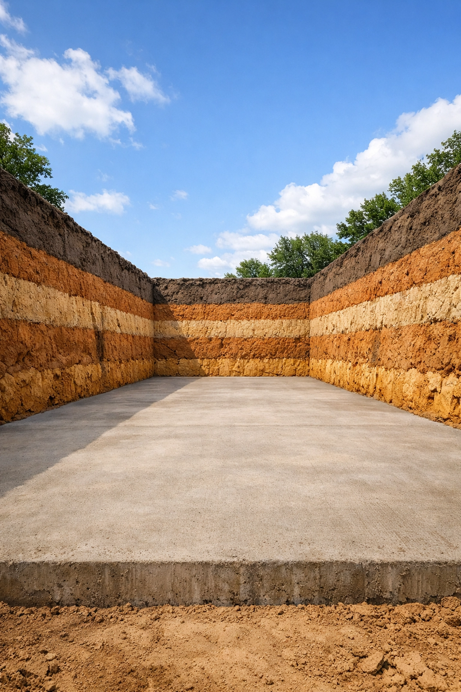 Perfectly dug residential foundation showing clean walls and level ground for structural stability.