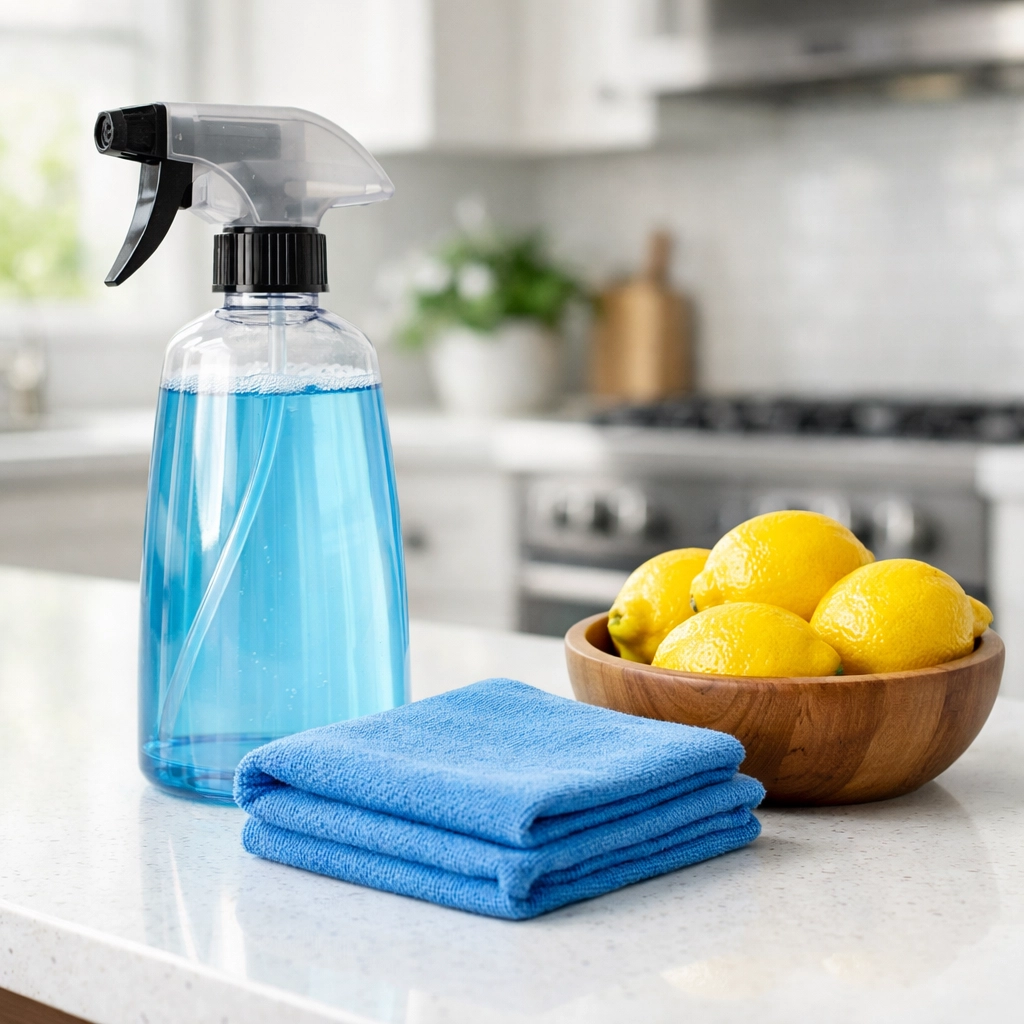 Eco-friendly cleaning supplies on a quartz kitchen counter representing green weekly house cleaning Franklin services.
