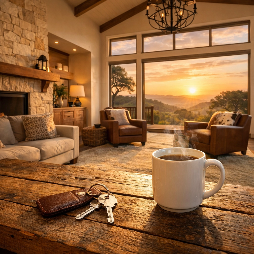 Modern Texas home interior with house keys on a table overlooking the Hill Country at sunrise.