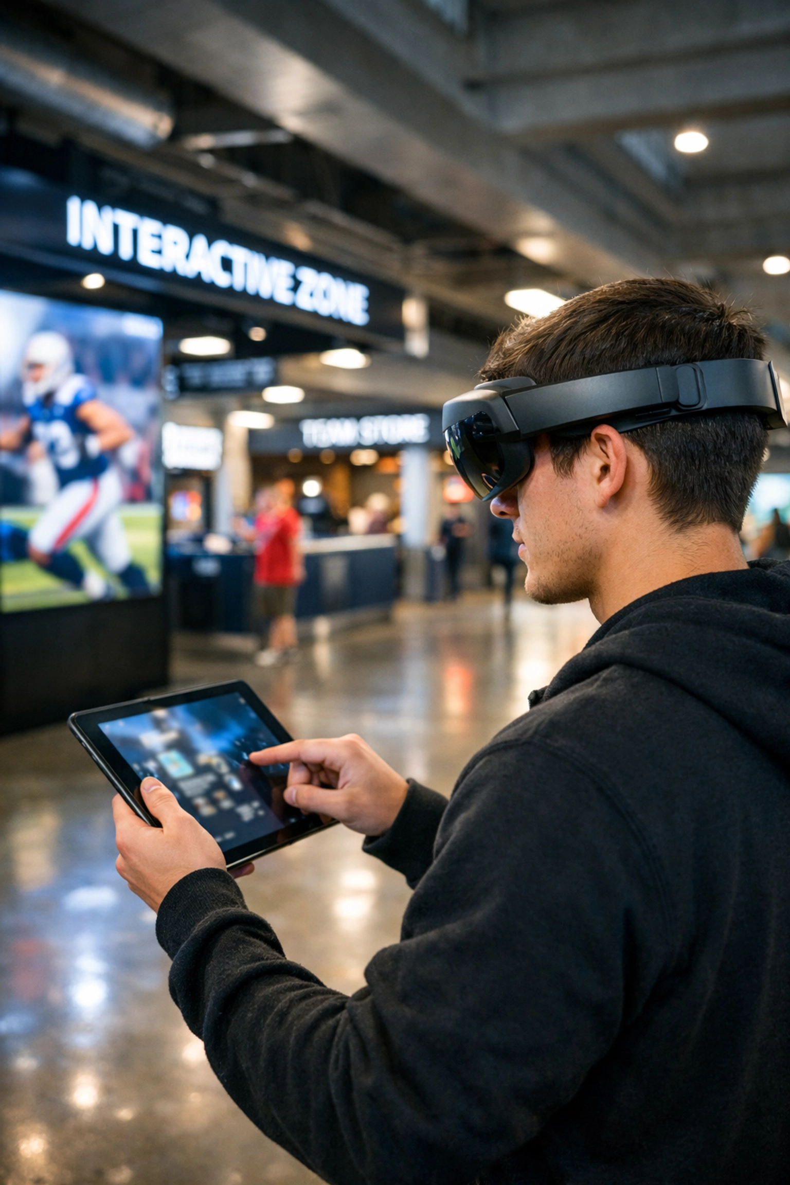 Interactive augmented reality sponsorship activation zone inside a modern sports stadium venue.