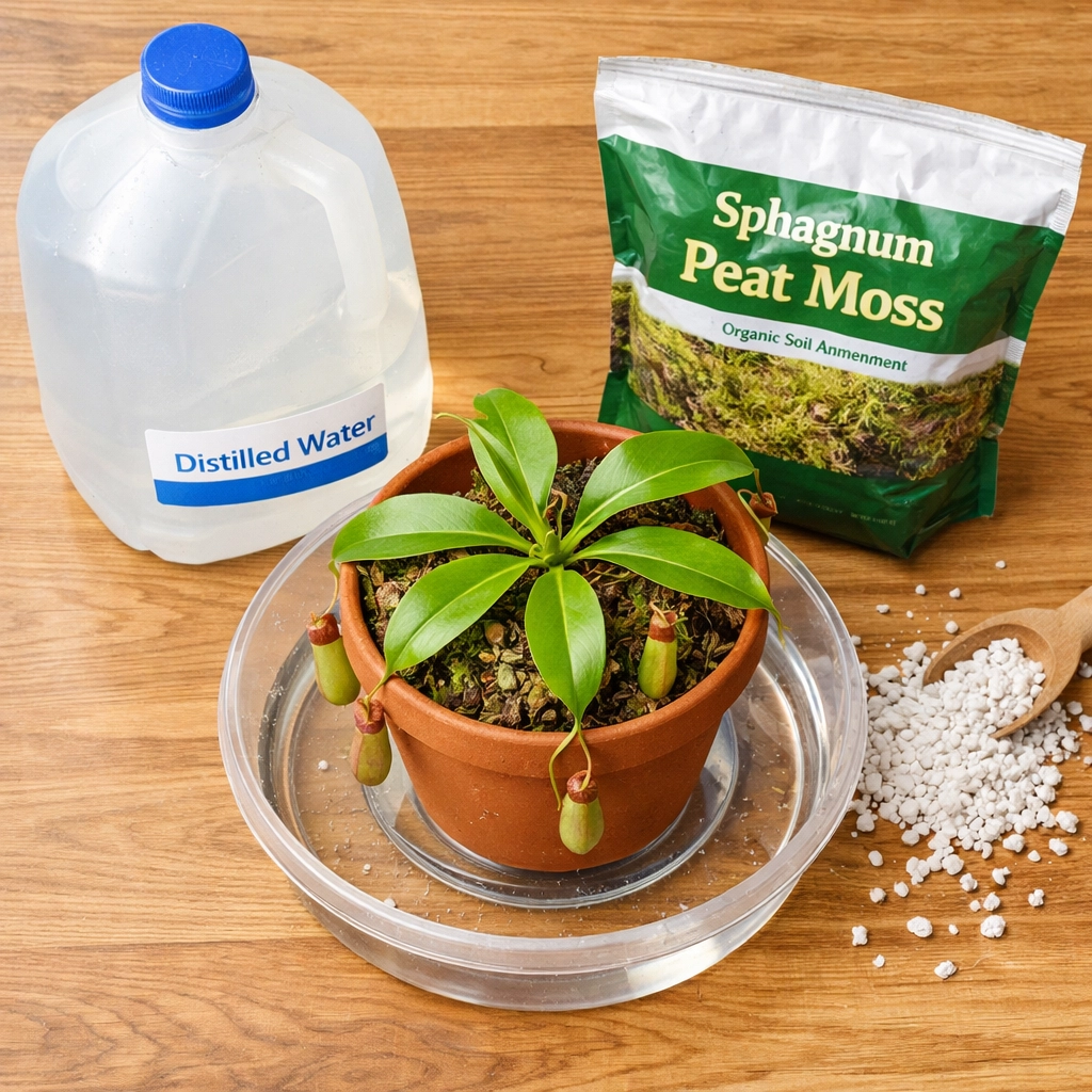 Nepenthes care essentials: distilled water, drainage tray, and carnivorous plant soil mix