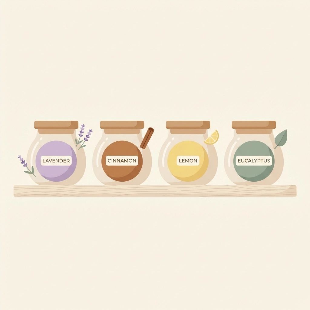 Four jars of naturally scented playdough in different colors, each with matching natural scent ingredient