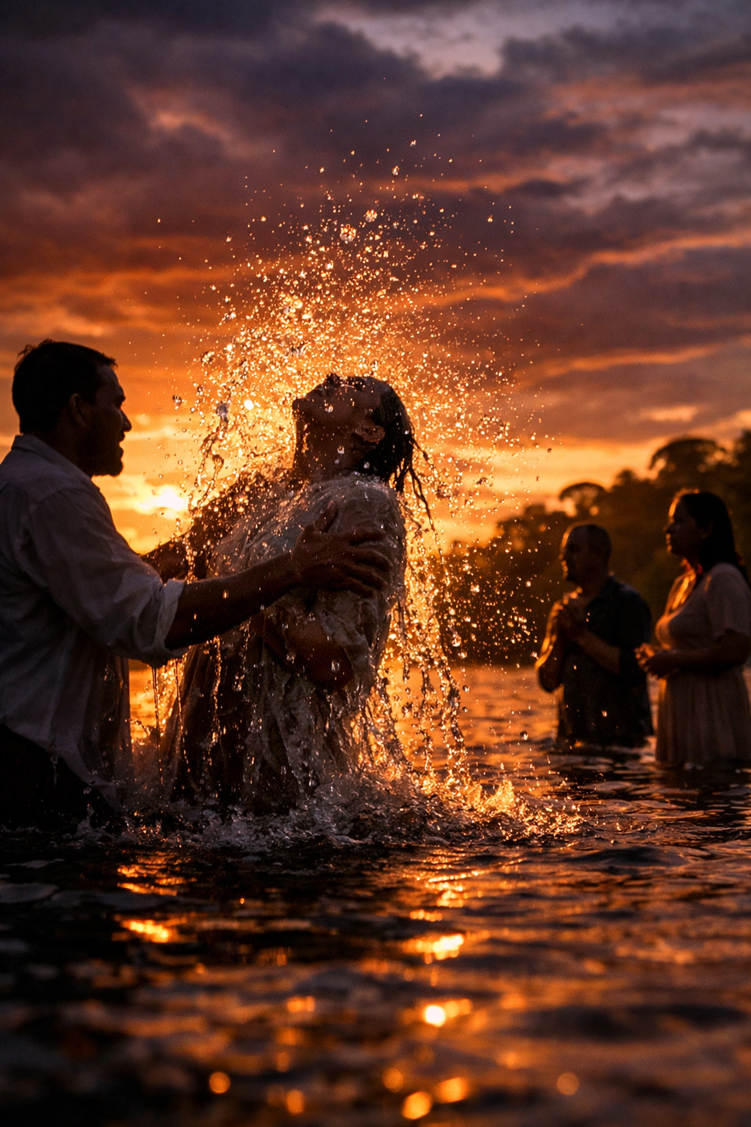 A peaceful baptism ceremony in the Amazon River during the historic evangelical revival.