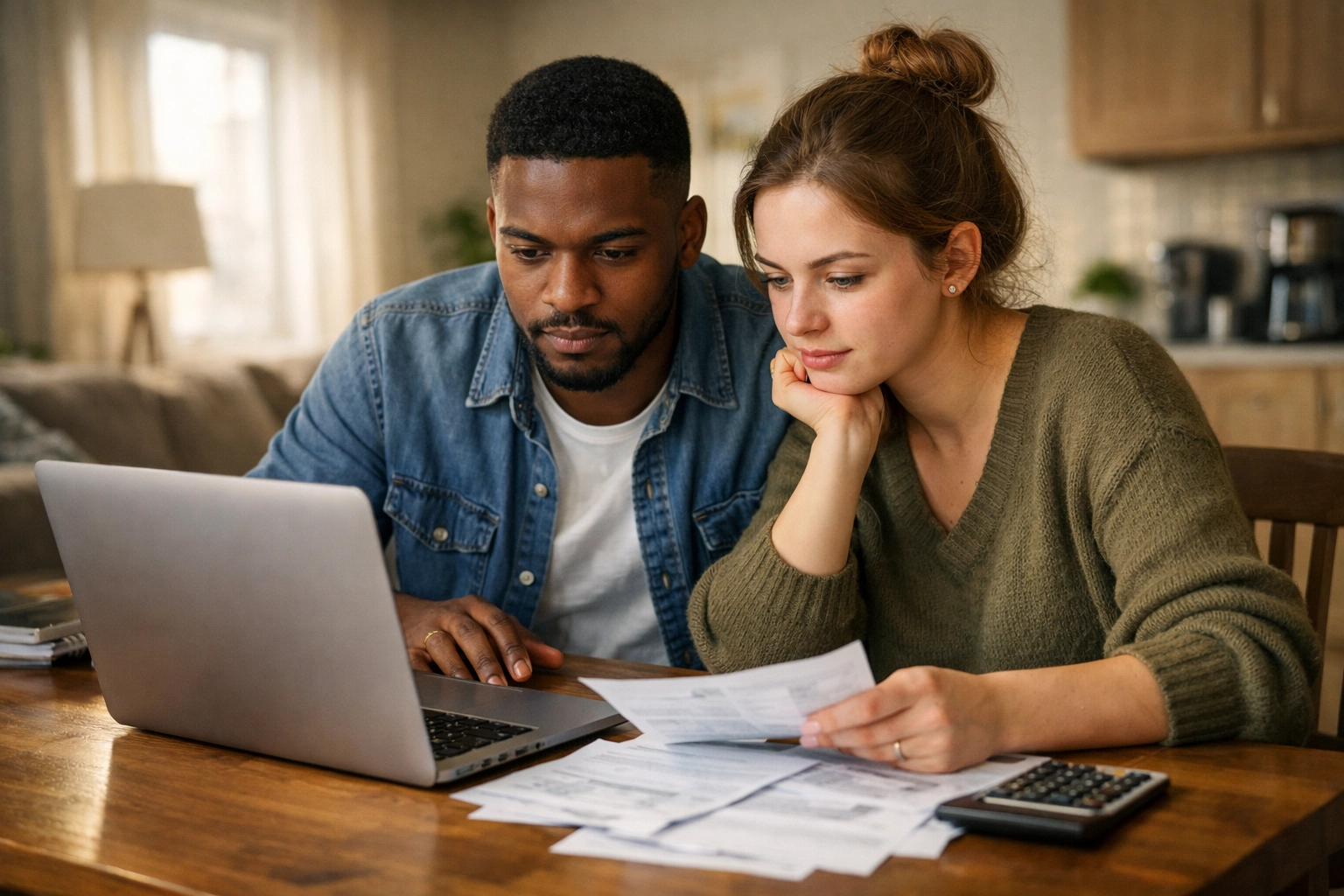 Couple in a Crosby apartment discussing the rising costs of renting versus buying a manufactured home in 2026.