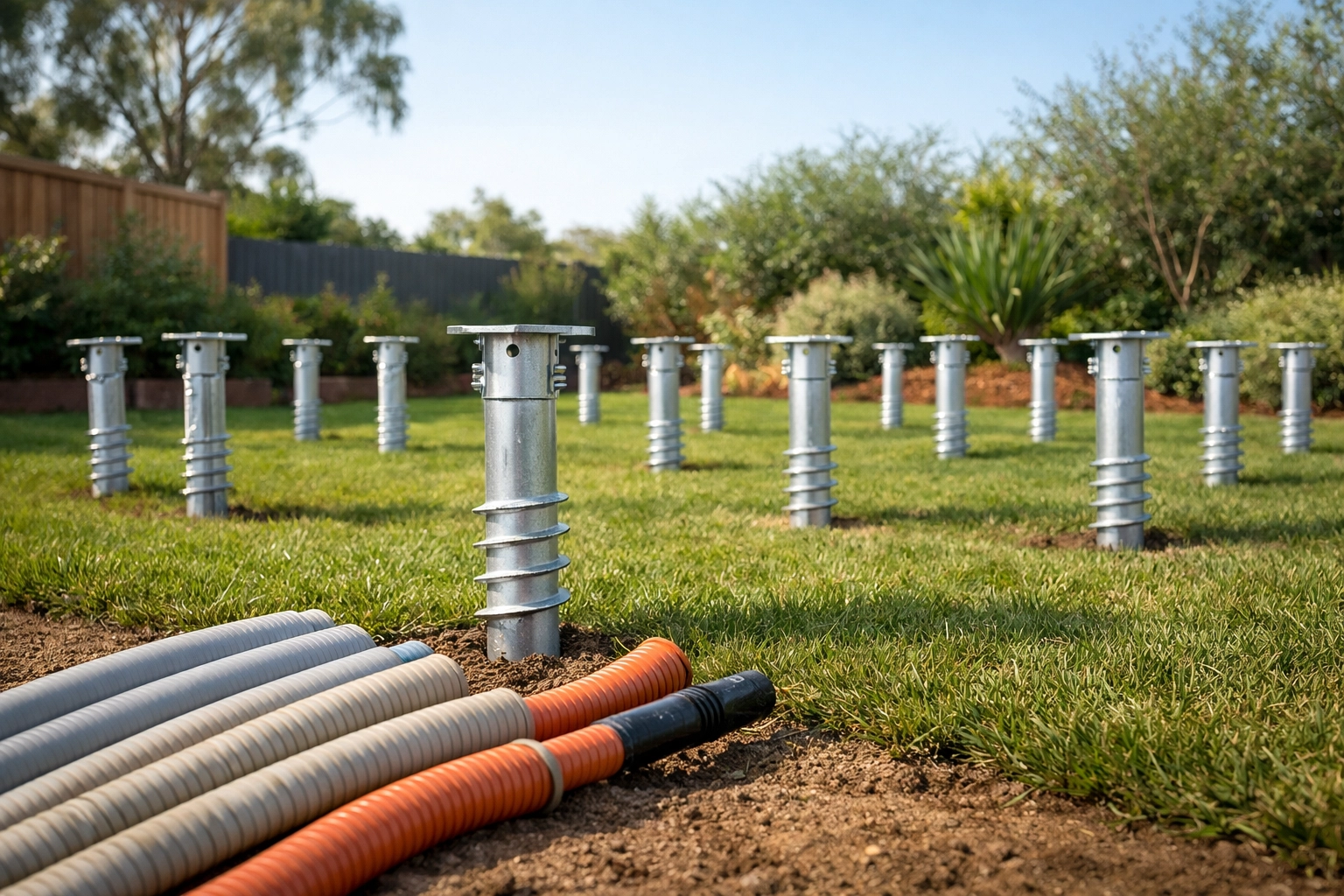 Backyard site preparation showing steel piers and utility connections for a new modular granny flat installation.