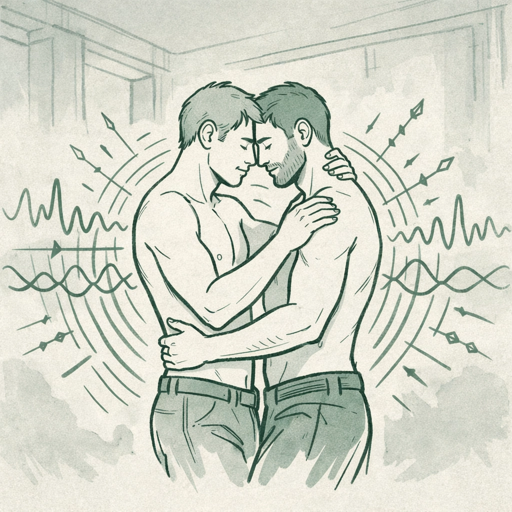 Gay men embracing on Berghain dance floor illustrating queer nightlife connection