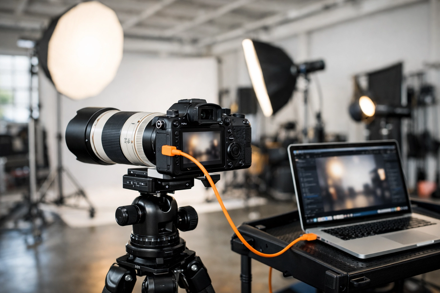 Professional commercial photography setup in a Wynwood studio for real-time image tethering.