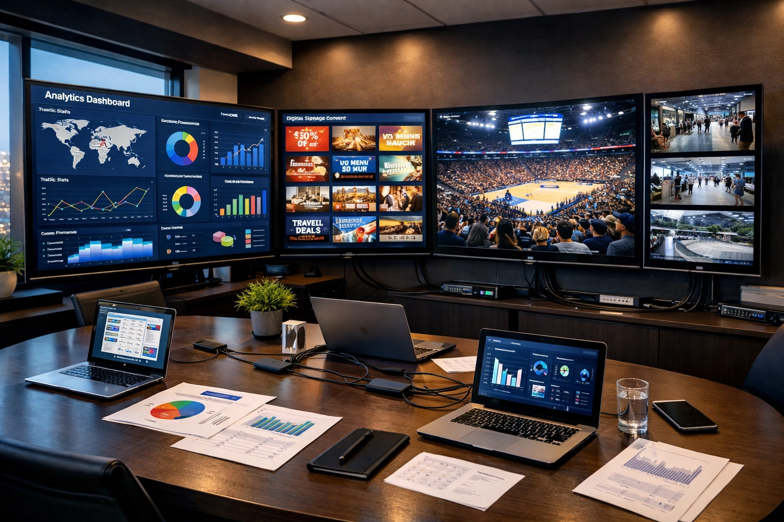 Integrated digital media workspace with multiple monitors displaying analytics and sports venue content